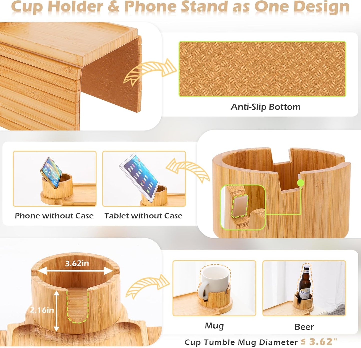 Couch Cup Holder Tray, 3 in 1 Couch Arm Trays,Large Bamboo Chair Arm Rest Tray with 360° Cup Holder,Removable Anti-Slip Organizer for Snack Eating