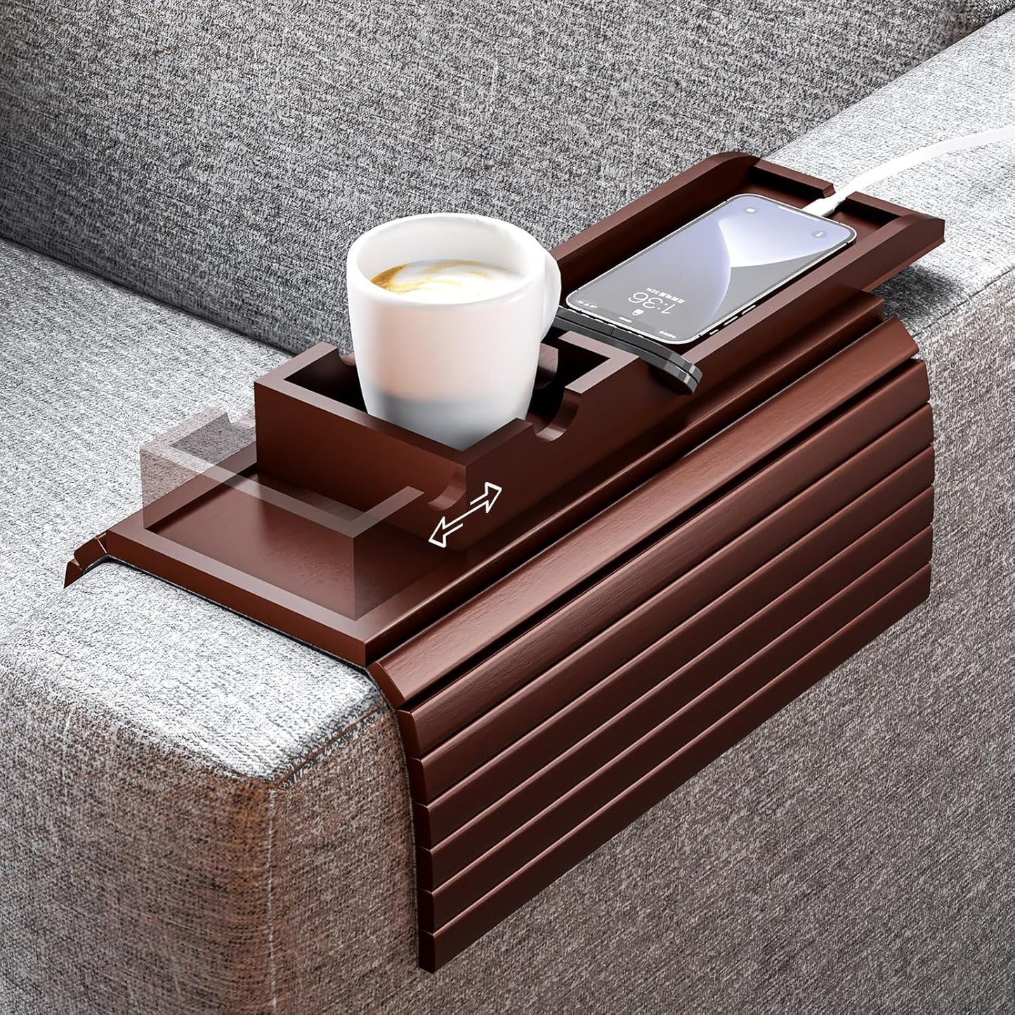 Bamboo Sofa Armrest Tray - Couch Arm Tray with Detachable Couch Cup Holder - 2 in 1 Anti-Slip Foldable Sofa Armchair Caddy Table - Cup Holder for Drinks Cellphone TV Remote Snacks