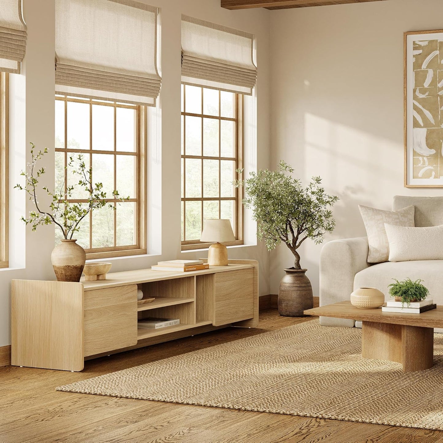 LuxenHome TV Stand for Living Room up to 80'' TVs, 70'' Wide Mid-Century Modern TV Console Cabinet with Rounded Corners, Wood Low Media Console Entertainment Center with Storage for Entryway