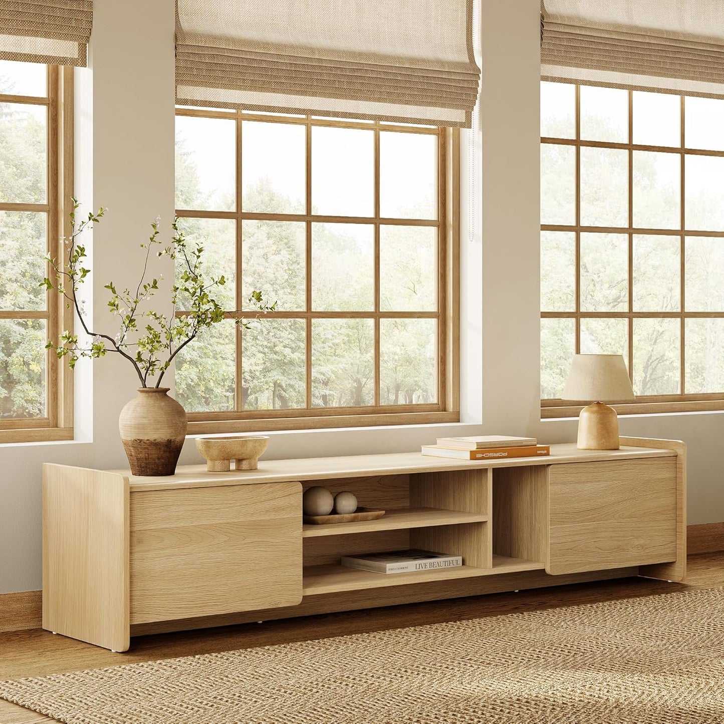 LuxenHome TV Stand for Living Room up to 80'' TVs, 70'' Wide Mid-Century Modern TV Console Cabinet with Rounded Corners, Wood Low Media Console Entertainment Center with Storage for Entryway