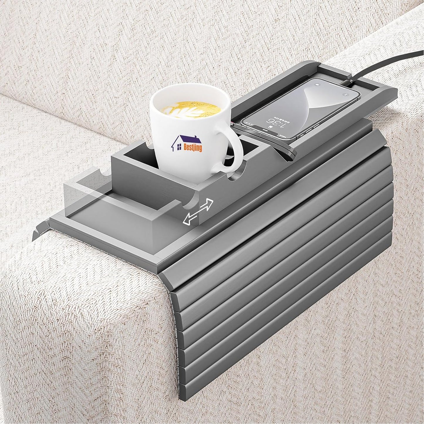 Bamboo Sofa Armrest Tray - Couch Arm Tray with Detachable Couch Cup Holder - 2 in 1 Anti-Slip Foldable Sofa Armchair Caddy Table - Cup Holder for Drinks Cellphone TV Remote Snacks