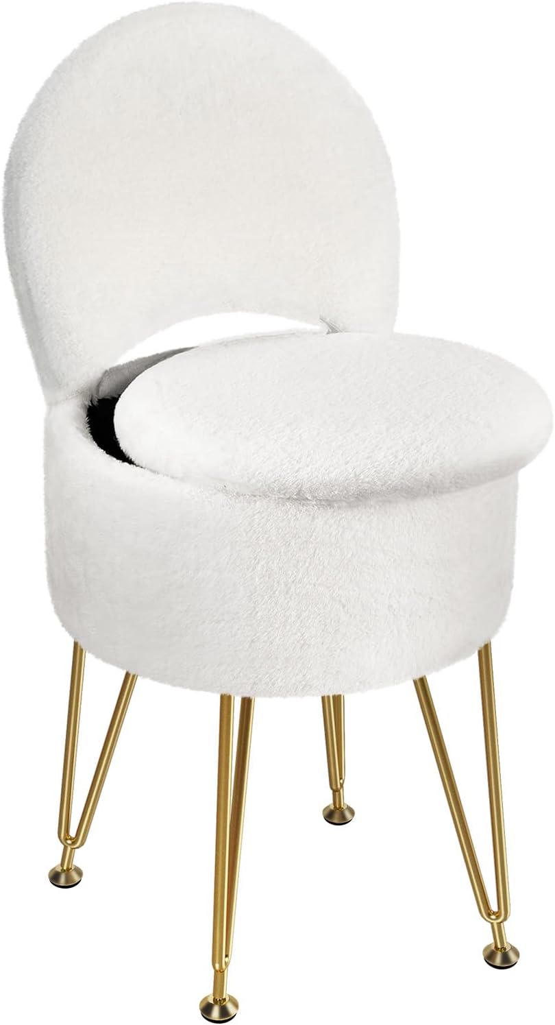 GREENSTELL Small Vanity Stool Chair with Storage and Folding Back, 13" x 13" x 17.7" Faux Fur Soft Ottoman for Teenager, 4 Metal Legs with Anti-Slip Feet, Furry Padded Seat for Makeup, Bedroom, White