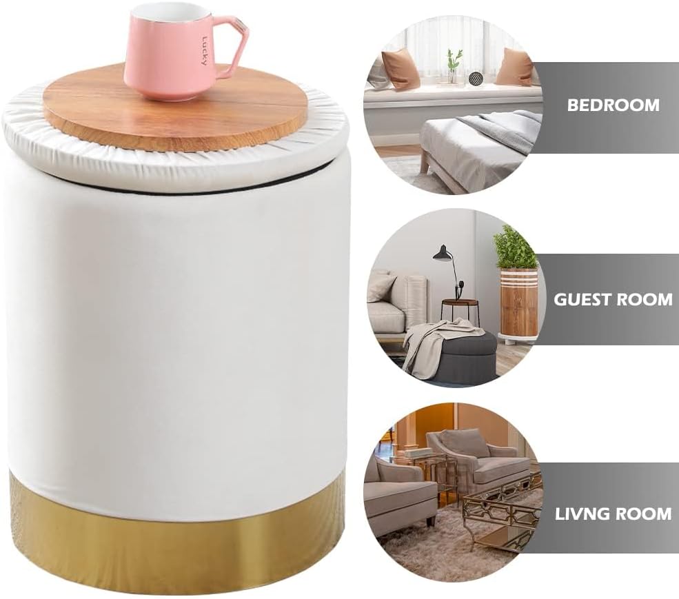 Mxfurhawa Velvet Storage Ottoman Multipurpose Footrest Stool with Metal Base Modern Round Vanity Stool Chair Ottoman Foot Stools Support 300 lbs Padded Seat for Living Room (Cream (Velvet))