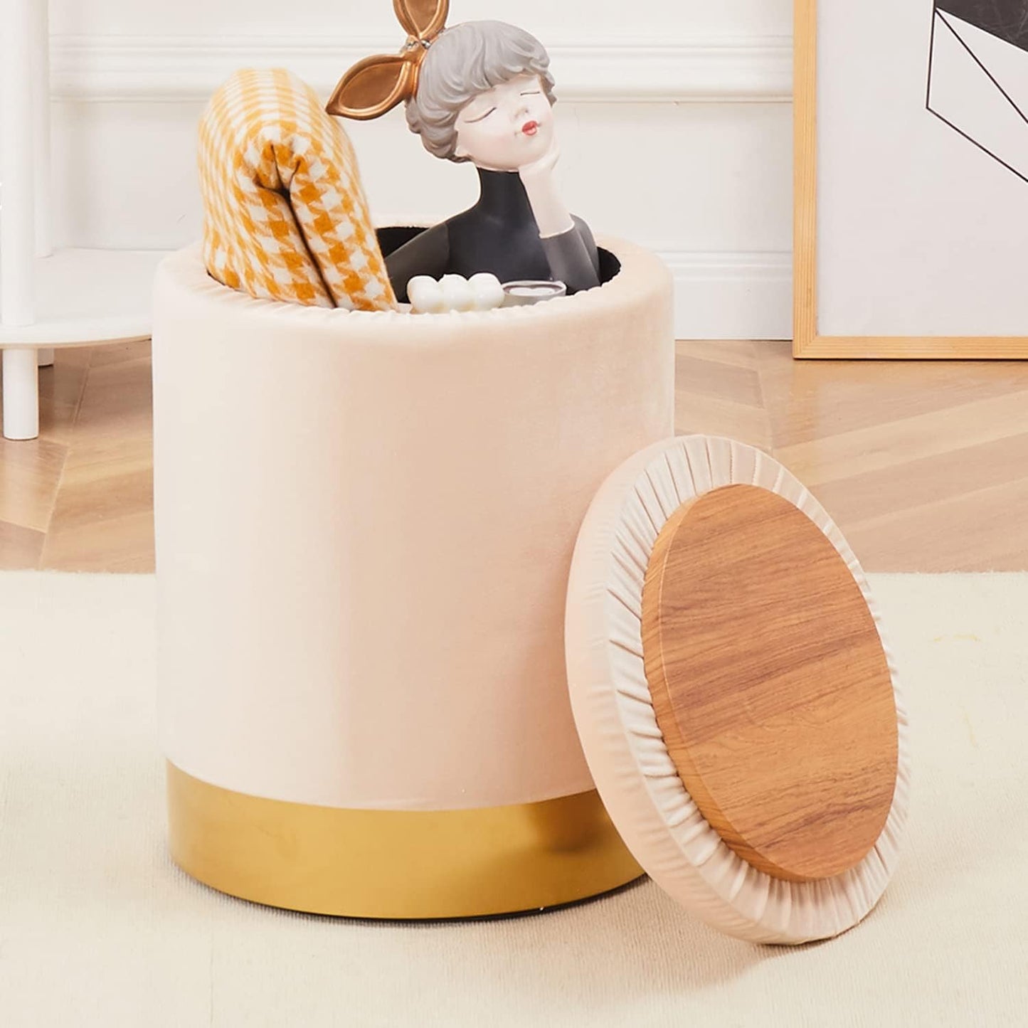 Mxfurhawa Velvet Storage Ottoman Multipurpose Footrest Stool with Metal Base Modern Round Vanity Stool Chair Ottoman Foot Stools Support 300 lbs Padded Seat for Living Room (Cream (Velvet))