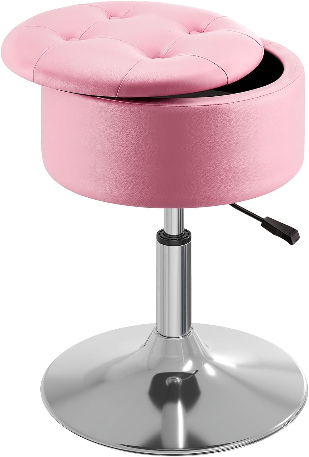 GREENSTELL Vanity Stool with Storage, 19" to 23" Height Adjustable PU Leather Vanity Chair, 360° Swivel Makeup Stool with Removeable Tray, Modern Ottoman for Bedroom Bathroom, Grey