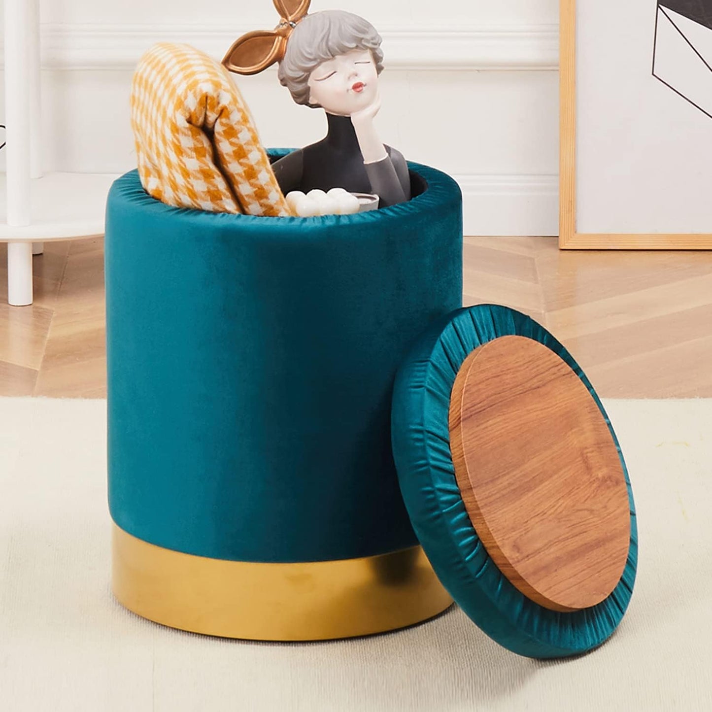 Mxfurhawa Velvet Storage Ottoman Multipurpose Footrest Stool with Metal Base Modern Round Vanity Stool Chair Ottoman Foot Stools Support 300 lbs Padded Seat for Living Room (Cream (Velvet))