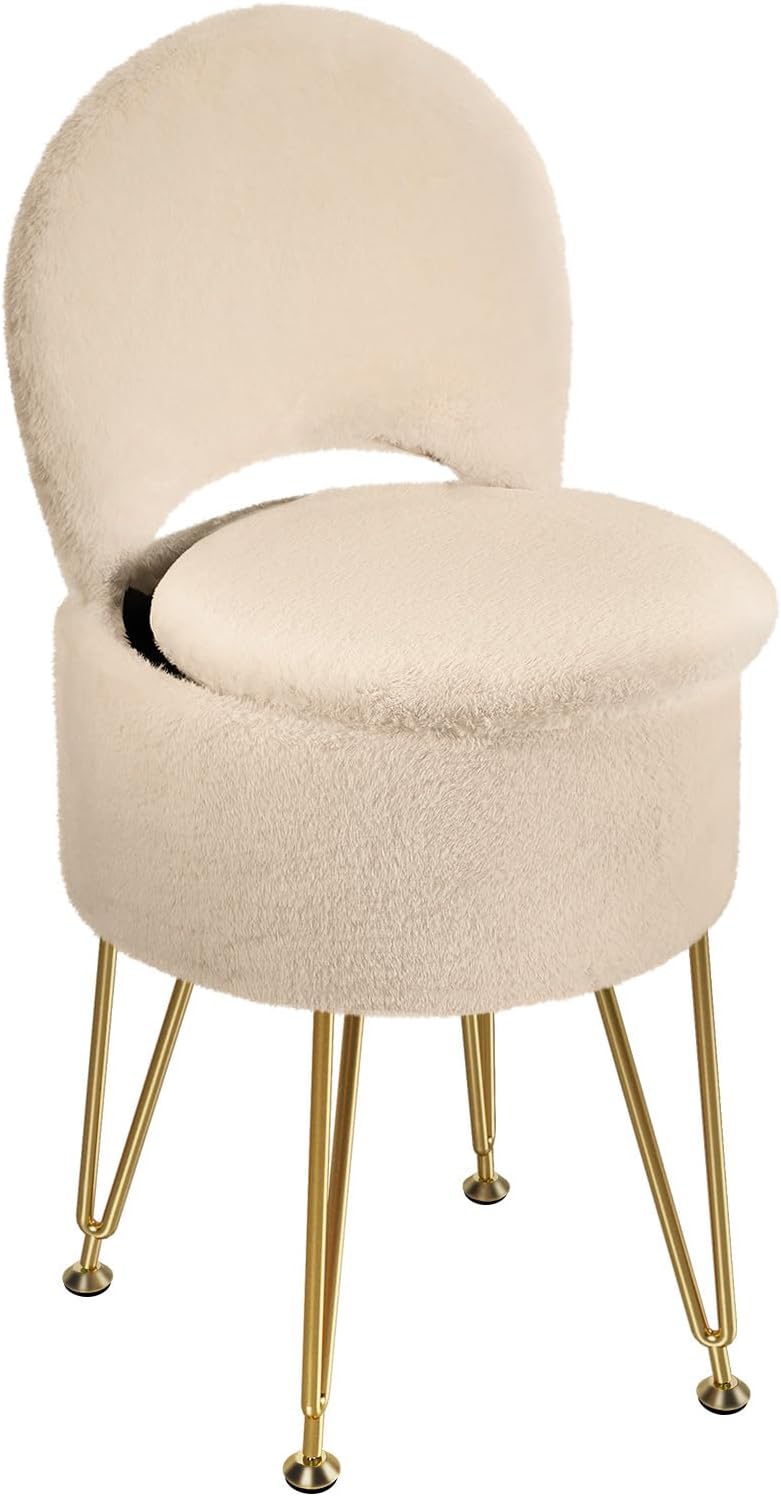 GREENSTELL Small Vanity Stool Chair with Storage and Folding Back, 13" x 13" x 17.7" Faux Fur Soft Ottoman for Teenager, 4 Metal Legs with Anti-Slip Feet, Furry Padded Seat for Makeup, Bedroom, White