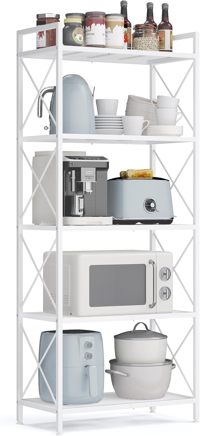 SONGMICS 5-Tier Metal Storage Rack, Shelving Unit with X Side Frames, Dense Mesh, 12.6 x 23.6 x 57.3 Inches, for Entryway, Kitchen, Living Room, Bathroom, Industrial Style, Ink Black UBSC165B01