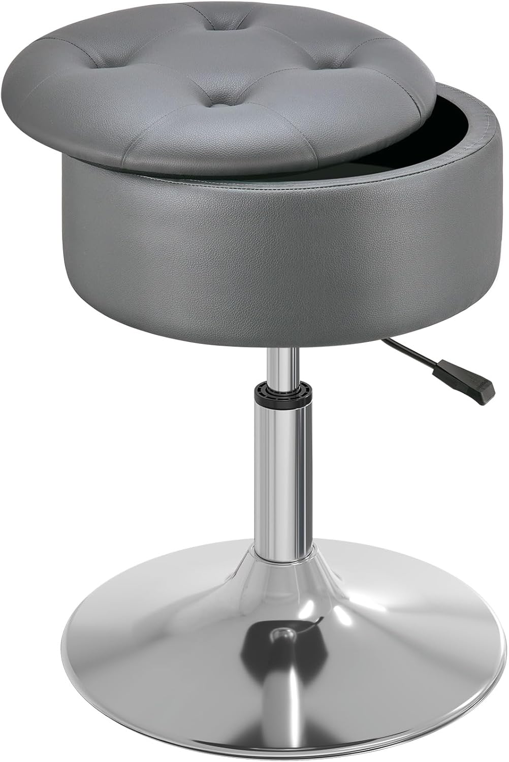 GREENSTELL Vanity Stool with Storage, 19" to 23" Height Adjustable PU Leather Vanity Chair, 360° Swivel Makeup Stool with Removeable Tray, Modern Ottoman for Bedroom Bathroom, Grey