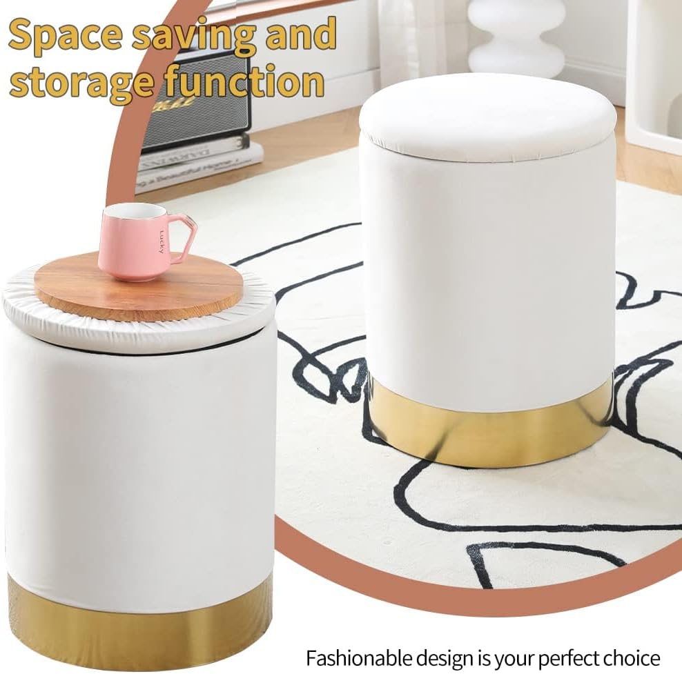 Mxfurhawa Velvet Storage Ottoman Multipurpose Footrest Stool with Metal Base Modern Round Vanity Stool Chair Ottoman Foot Stools Support 300 lbs Padded Seat for Living Room (Cream (Velvet))