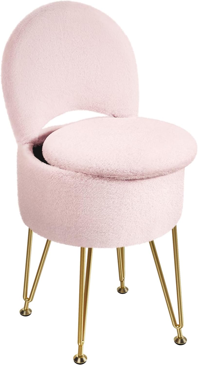 GREENSTELL Small Vanity Stool Chair with Storage and Folding Back, 13" x 13" x 17.7" Faux Fur Soft Ottoman for Teenager, 4 Metal Legs with Anti-Slip Feet, Furry Padded Seat for Makeup, Bedroom, White