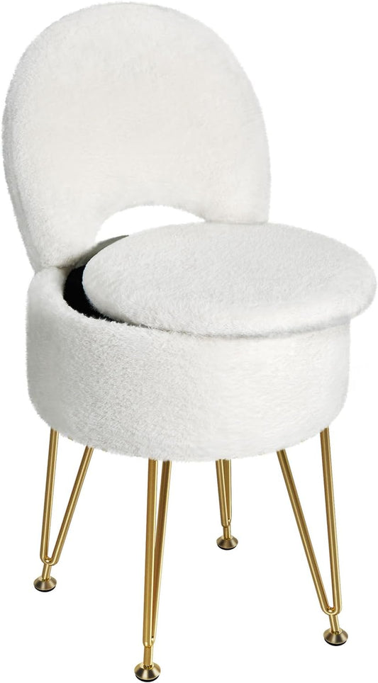 GREENSTELL Small Vanity Stool Chair with Storage and Folding Back, 13" x 13" x 17.7" Faux Fur Soft Ottoman for Teenager, 4 Metal Legs with Anti-Slip Feet, Furry Padded Seat for Makeup, Bedroom, White