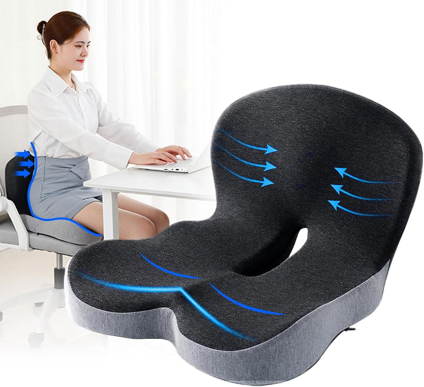 Memory Foam Office Chair Cushion, L-Shaped Integrated Seat Cushions, Chair Seat Cushion for Lower Back Tailbone Protection, Lumbar Support (Dark Gray)