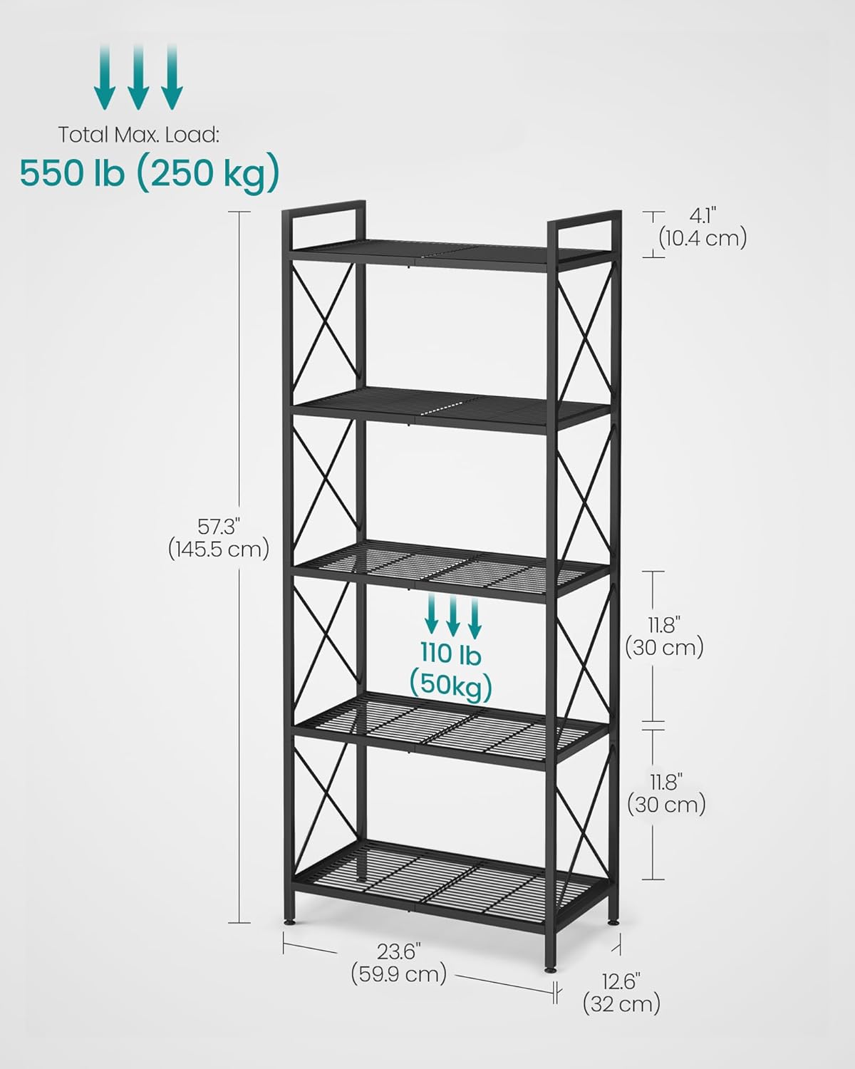 SONGMICS 5-Tier Metal Storage Rack, Shelving Unit with X Side Frames, Dense Mesh, 12.6 x 23.6 x 57.3 Inches, for Entryway, Kitchen, Living Room, Bathroom, Industrial Style, Ink Black UBSC165B01