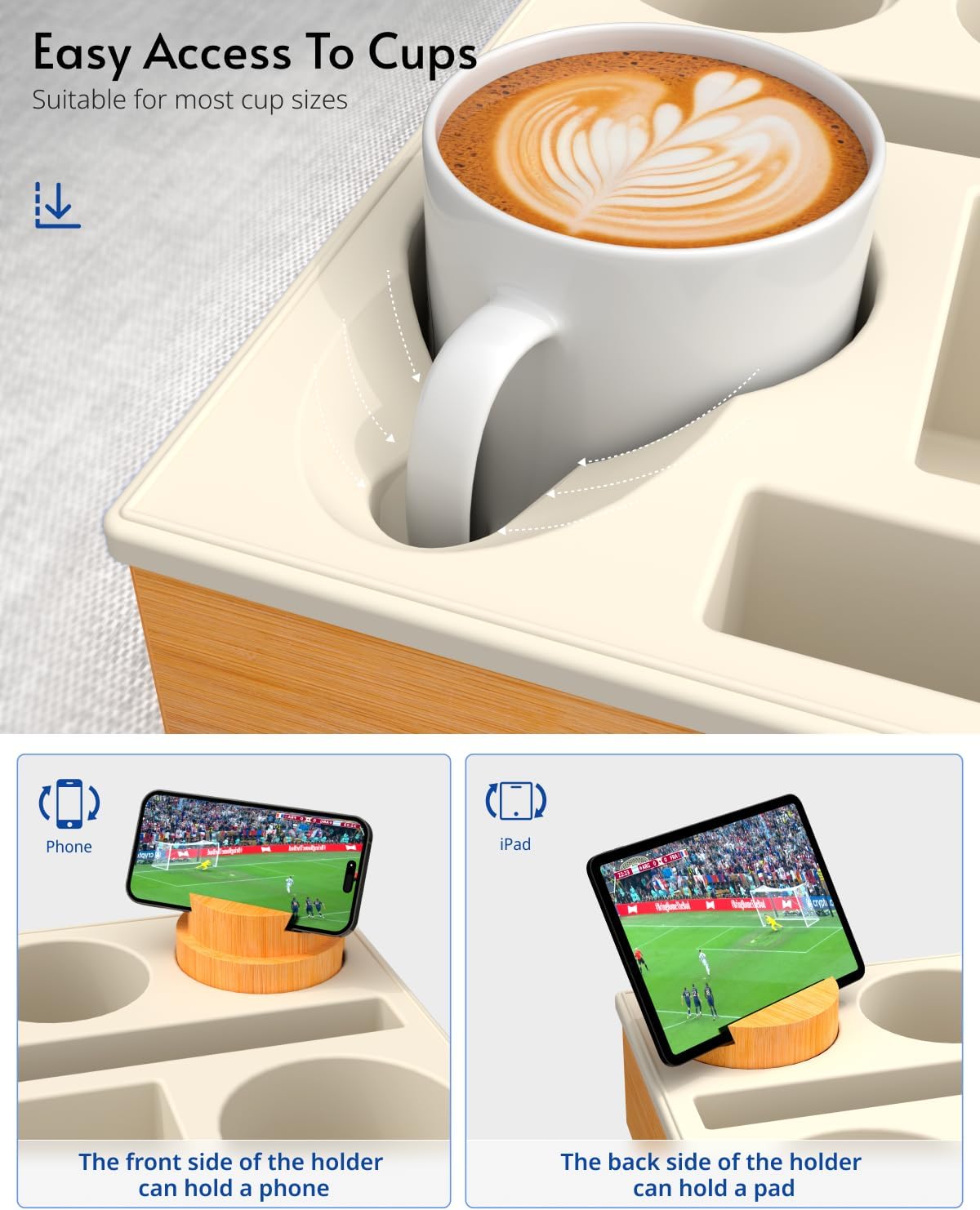 Couch Cup Holder Tray - Couch Organizer Caddy, Silicone Beach Caddy with Cup Holder, Sofa and Bed Drink Holder and Couch Tray Table for Snacks Beverage Remote (Beige)