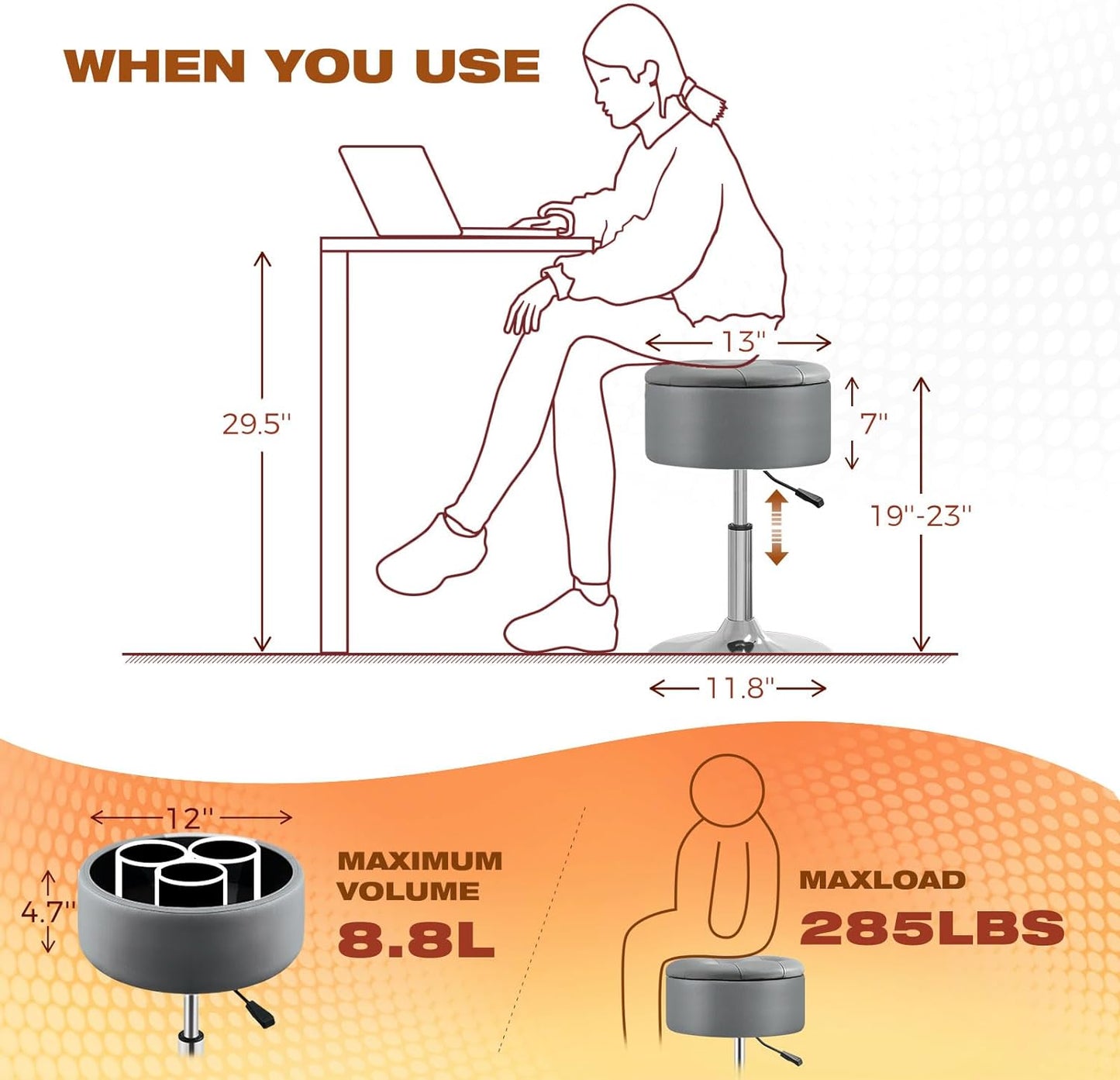 GREENSTELL Vanity Stool with Storage, 19" to 23" Height Adjustable PU Leather Vanity Chair, 360° Swivel Makeup Stool with Removeable Tray, Modern Ottoman for Bedroom Bathroom, Grey