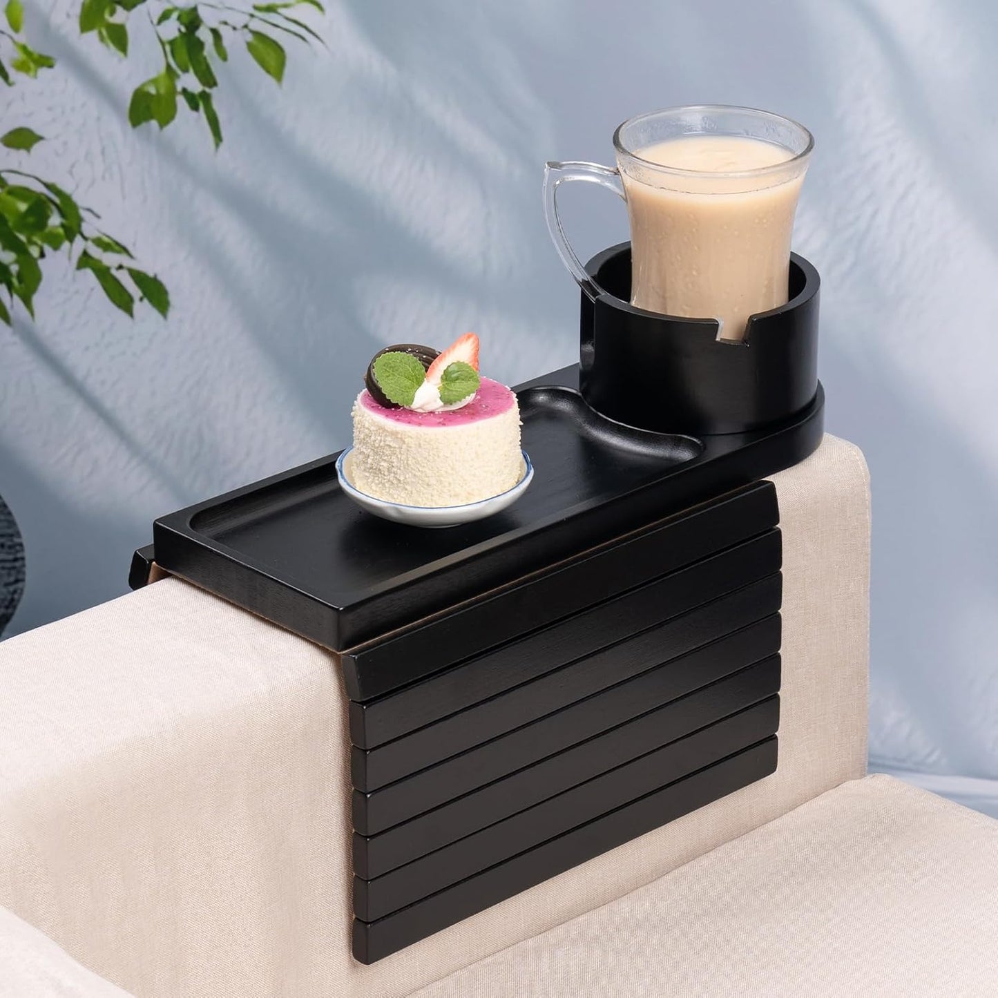 Couch Cup Holder Tray, Bamboo Couch Arm Tray with 360°Rotating Cup Holder, 3 in 1 Foldable Sofa Arm Rest Tray Table for Remote/Snacks/Cups/Drinks Walnut