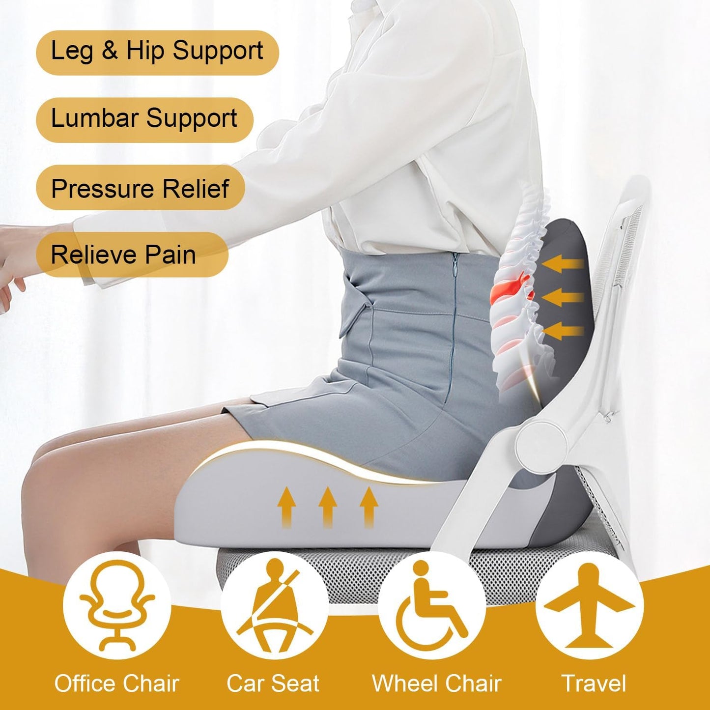 Memory Foam Office Chair Cushion, L-Shaped Integrated Seat Cushions, Chair Seat Cushion for Lower Back Tailbone Protection, Lumbar Support (Dark Gray)