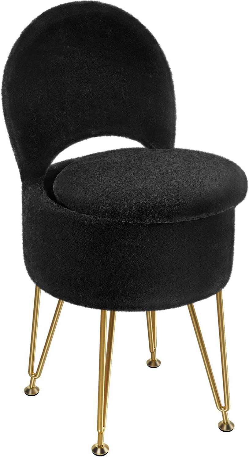 GREENSTELL Small Vanity Stool Chair with Storage and Folding Back, 13" x 13" x 17.7" Faux Fur Soft Ottoman for Teenager, 4 Metal Legs with Anti-Slip Feet, Furry Padded Seat for Makeup, Bedroom, White