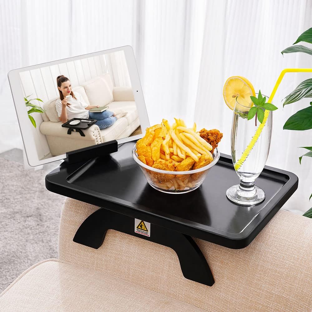 SINWANT Couch Arm Tray,Bamboo Sofa Clip on Side Table,Foldable Couch Armrest Table with 360° Phone Holder,Food Trays for Eating/Drinks/Snacks/Remote