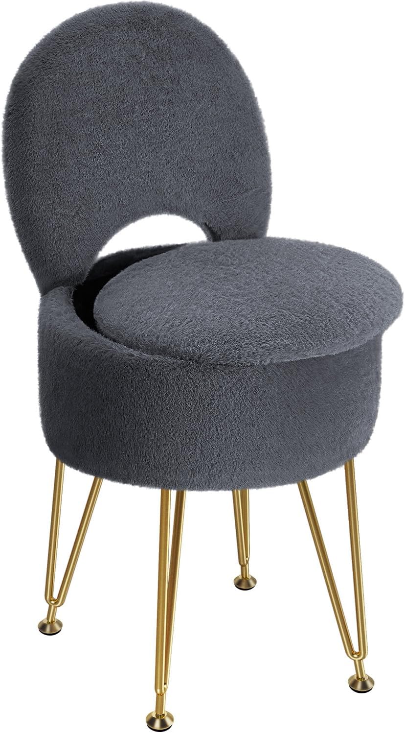 GREENSTELL Small Vanity Stool Chair with Storage and Folding Back, 13" x 13" x 17.7" Faux Fur Soft Ottoman for Teenager, 4 Metal Legs with Anti-Slip Feet, Furry Padded Seat for Makeup, Bedroom, White