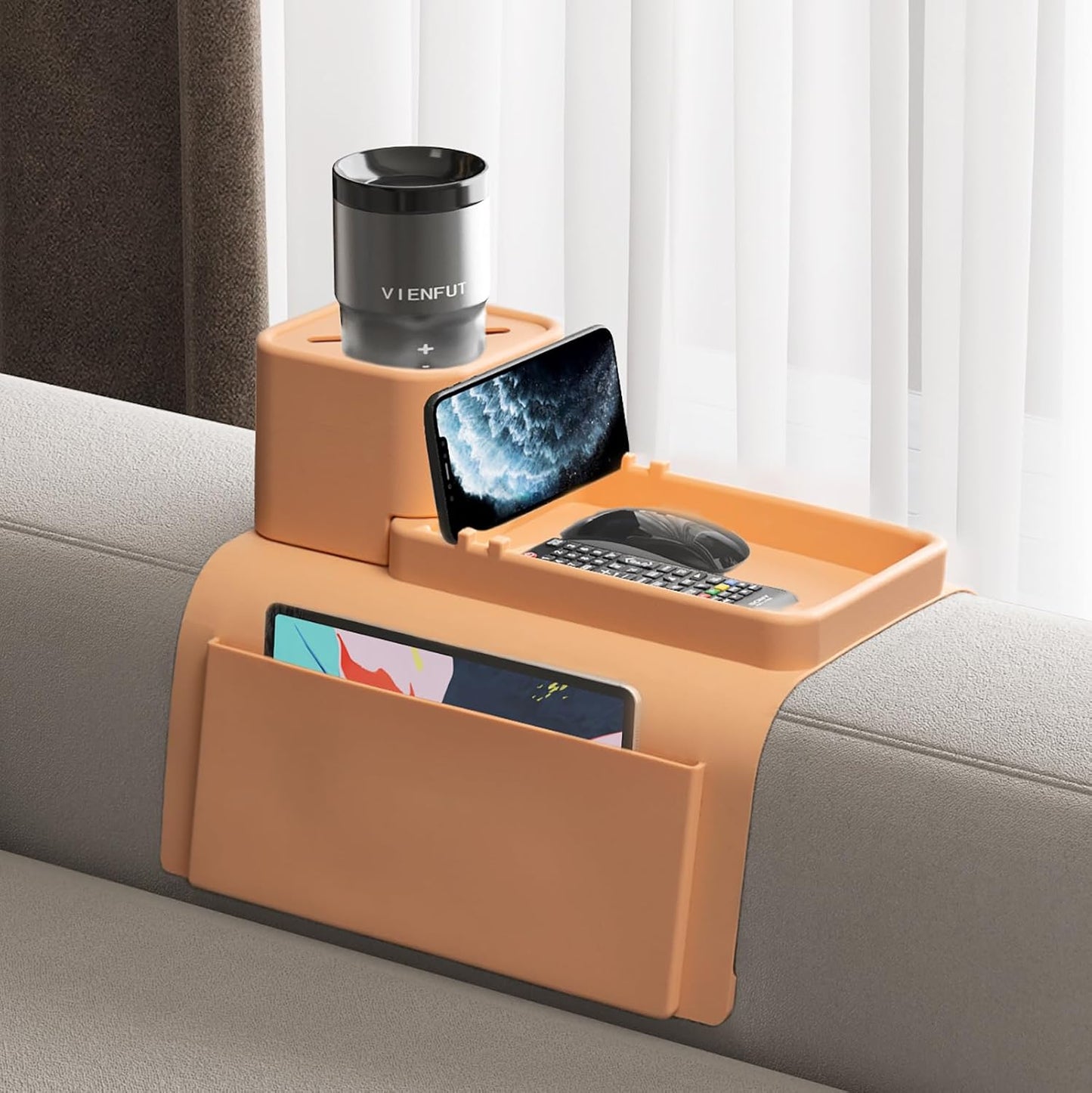 Silicone Couch Cup Holder, VIENFUT Anti-Spill Anti-Slip Sofa Armrest Tray BPA-Free, Dirt-Resistant Silicone Couch Arm Tray for Remote, Snacks, Cellphone and iPad, Gift for Family, Friend (Black)