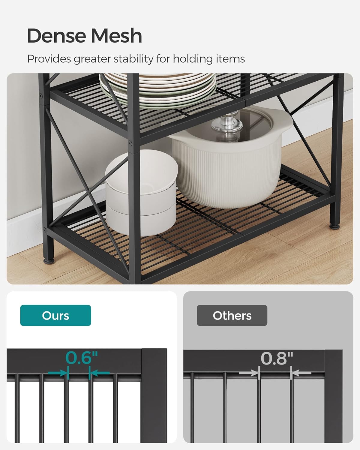 SONGMICS 5-Tier Metal Storage Rack, Shelving Unit with X Side Frames, Dense Mesh, 12.6 x 23.6 x 57.3 Inches, for Entryway, Kitchen, Living Room, Bathroom, Industrial Style, Ink Black UBSC165B01