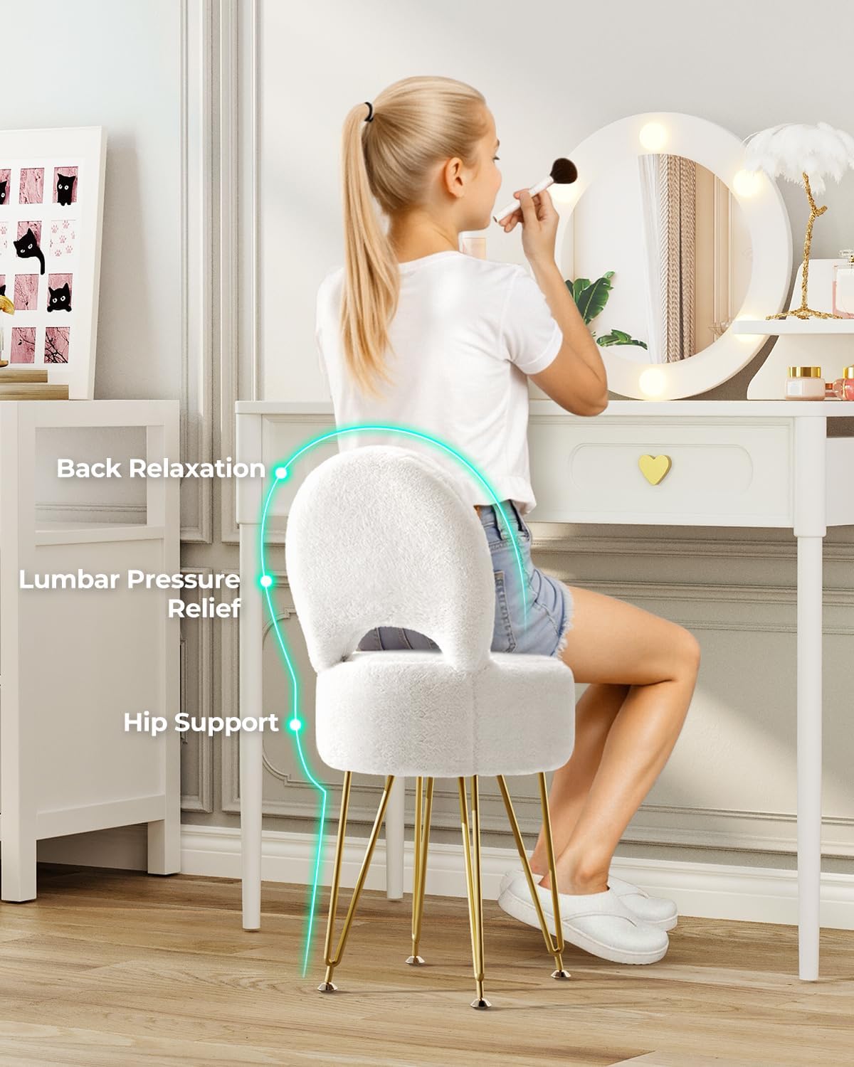 GREENSTELL Small Vanity Stool Chair with Storage and Folding Back, 13" x 13" x 17.7" Faux Fur Soft Ottoman for Teenager, 4 Metal Legs with Anti-Slip Feet, Furry Padded Seat for Makeup, Bedroom, White