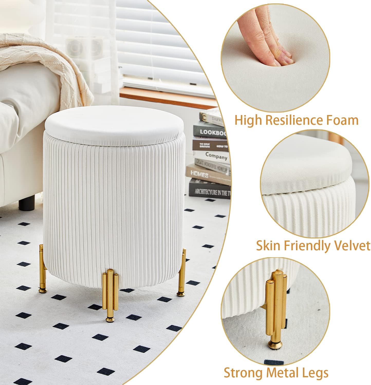 Mxfurhawa Round Ottoman Foot Stool with Storage and Metal Legs for Living Room Bedroom, Velvet Upholstered Footrest Stool Support 300lbs Modern Padded Seat Ottoman Coffee Table (Cream)