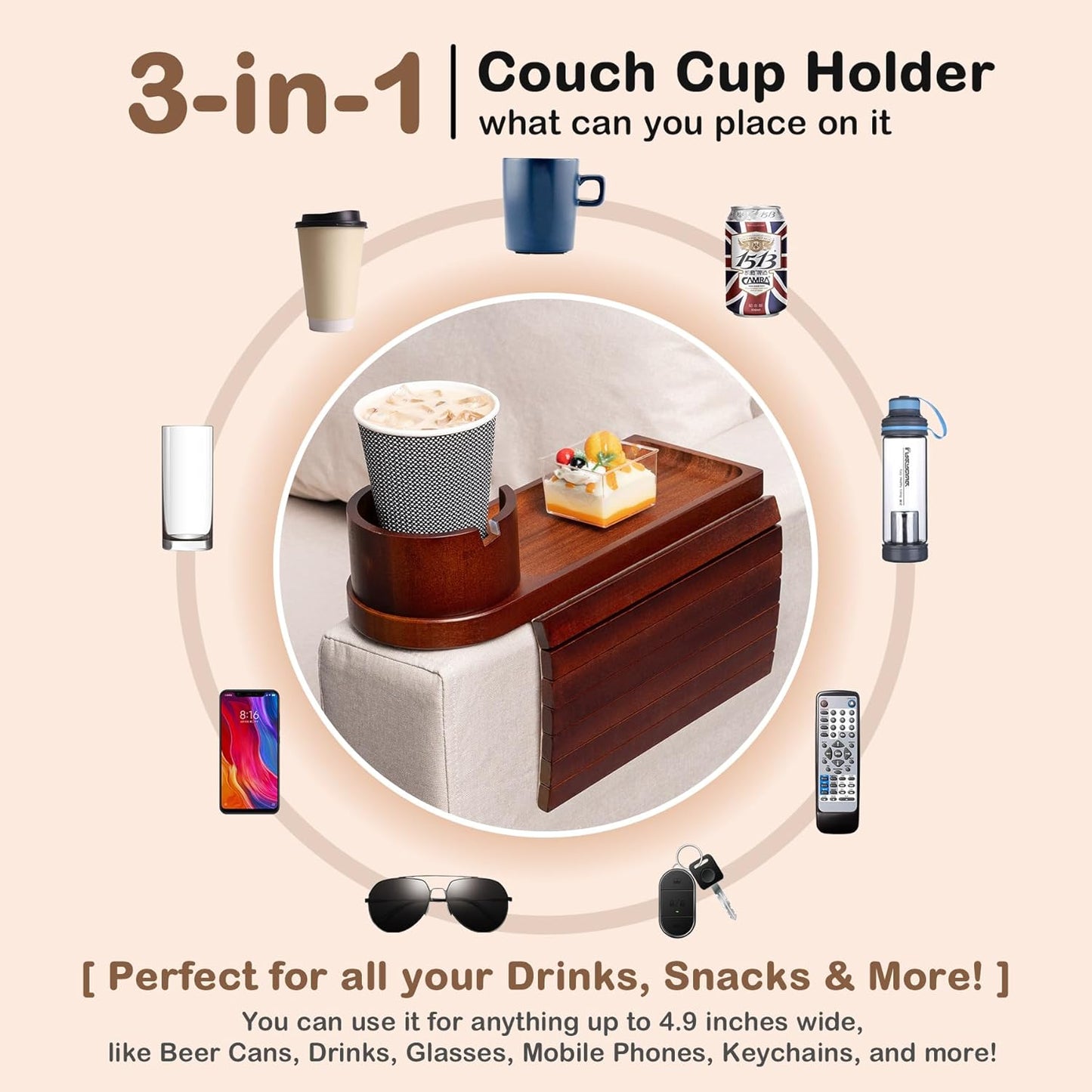 Couch Cup Holder Tray, Bamboo Couch Arm Tray with 360°Rotating Cup Holder, 3 in 1 Foldable Sofa Arm Rest Tray Table for Remote/Snacks/Cups/Drinks Walnut