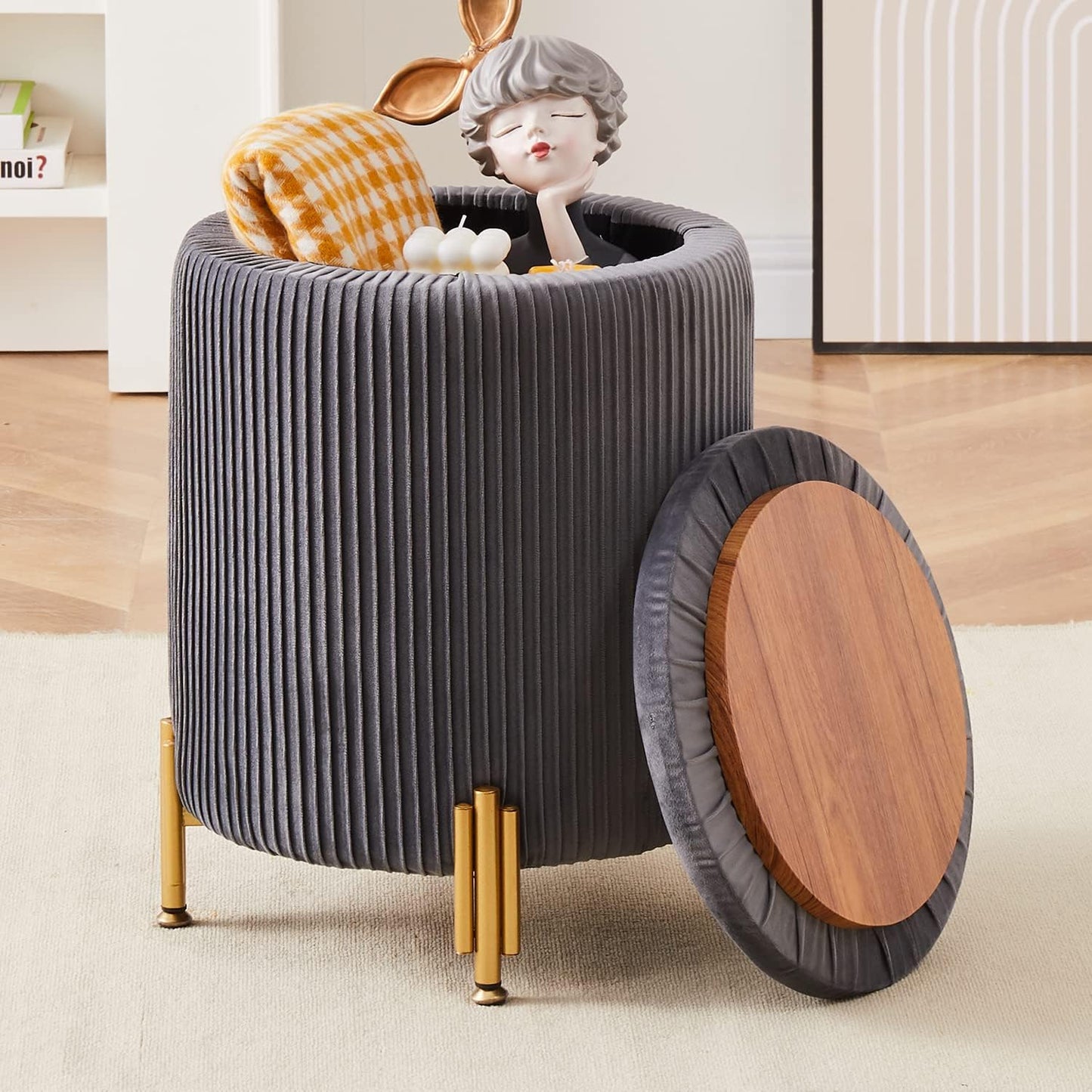 Mxfurhawa Round Ottoman Foot Stool with Storage and Metal Legs for Living Room Bedroom, Velvet Upholstered Footrest Stool Support 300lbs Modern Padded Seat Ottoman Coffee Table (Cream)