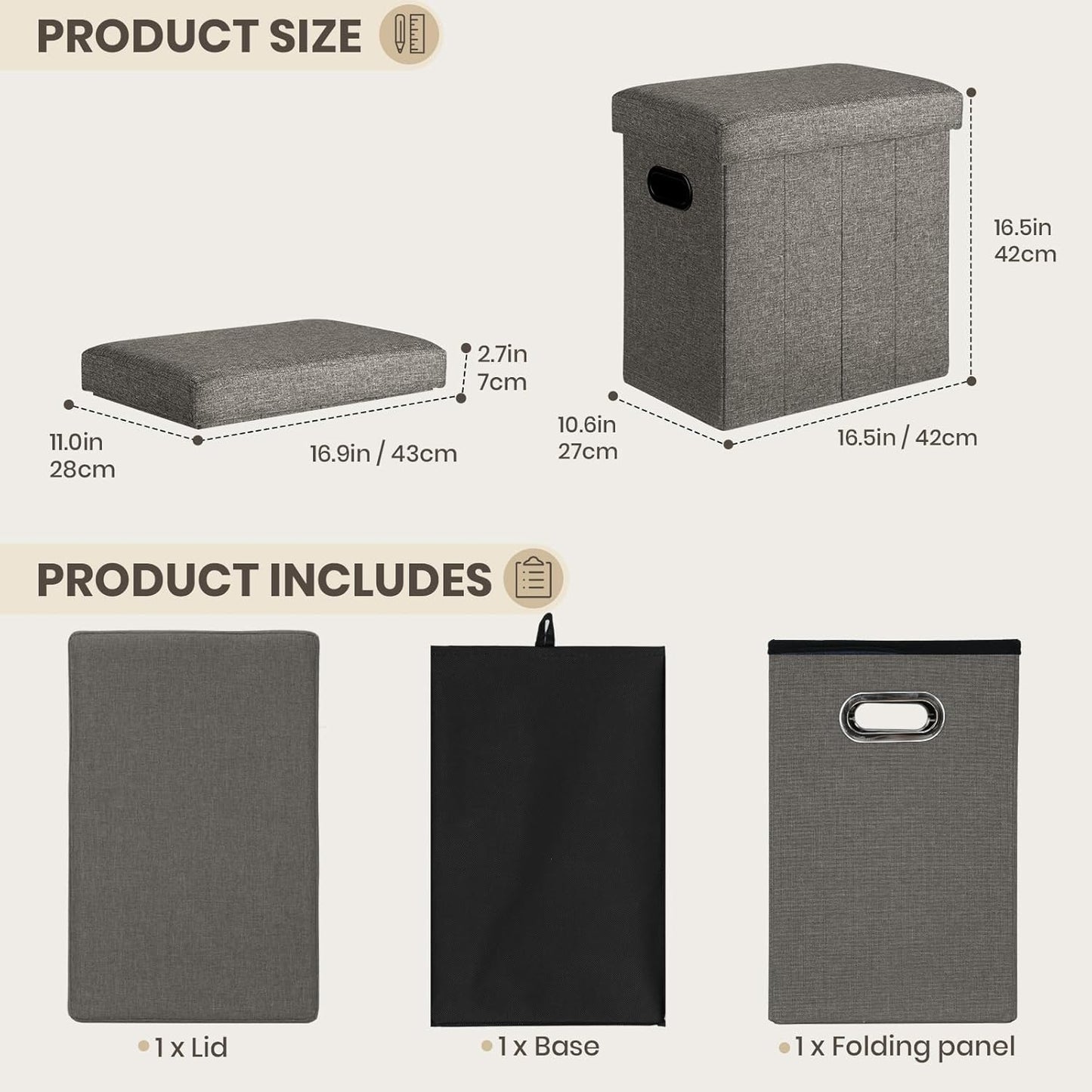 COSYLAND Ottoman with Storage Collapsible Fabric - Footrest Foot Stool for Room, Slim Tall Folding Ottoman Furniture with Handles Lid Toy Chest Linen - Gray - 16.5x16.5x10.6in