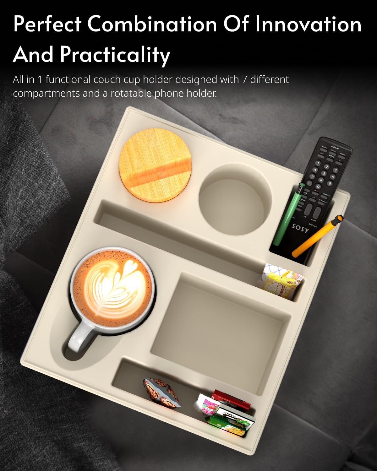 Couch Cup Holder Tray - Couch Organizer Caddy, Silicone Beach Caddy with Cup Holder, Sofa and Bed Drink Holder and Couch Tray Table for Snacks Beverage Remote (Beige)