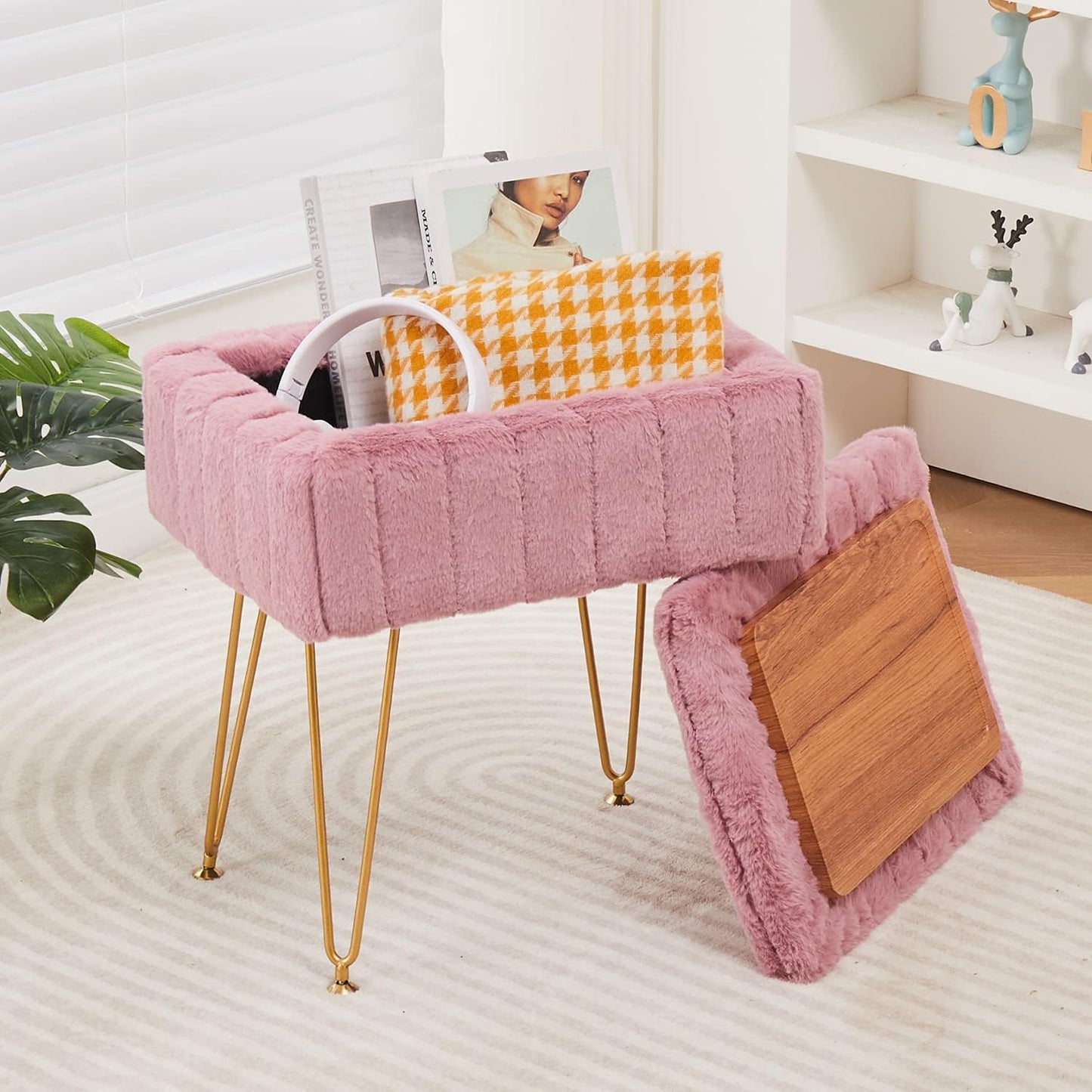 Wimarsbon Storage Ottoman, Vanity Stools with Metal Legs, 16.5" x 11.8" x 18" Modern Faux Mink Fur Footstool, Makeup Chair with Anti-Slip Feet, Accent Table,Footrest,Storage Bench for Bedroom