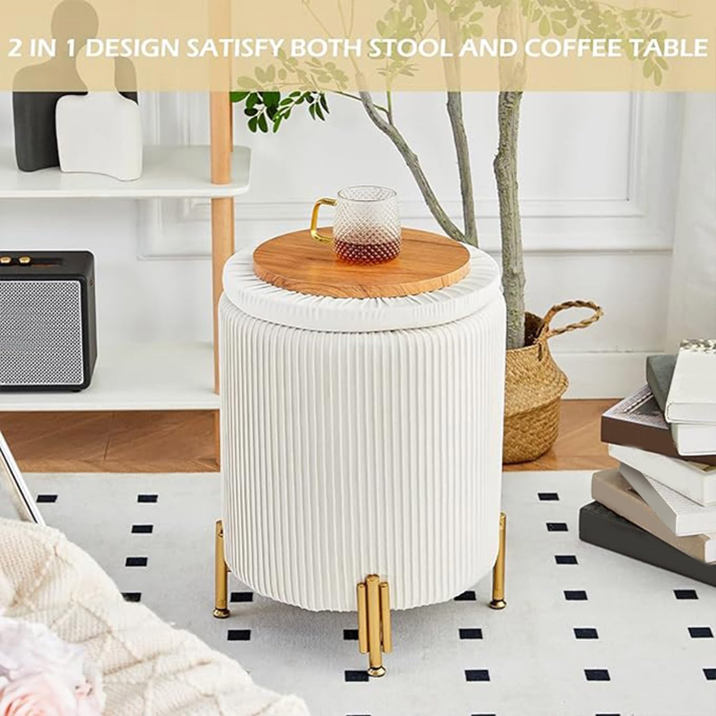 Mxfurhawa Round Ottoman Foot Stool with Storage and Metal Legs for Living Room Bedroom, Velvet Upholstered Footrest Stool Support 300lbs Modern Padded Seat Ottoman Coffee Table (Cream)