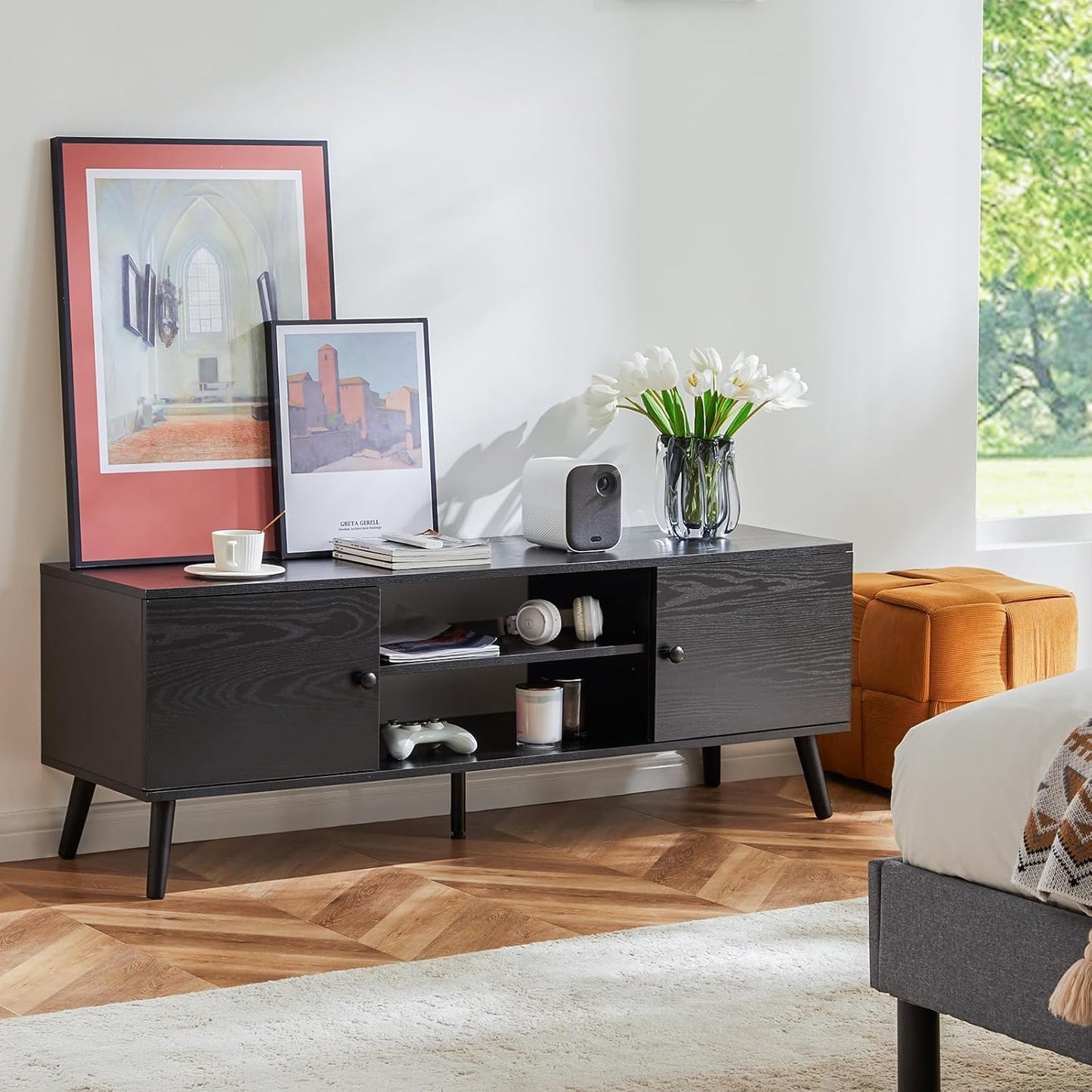 Sweetcrispy TV Stand for 55 60 inch TV, Modern Mid Century Entertainment Center with Storage, Media Console Table 2 Cabinet, Soft Hinge, Handle Door, Wooden Living Room, Office Furniture, Pure Black