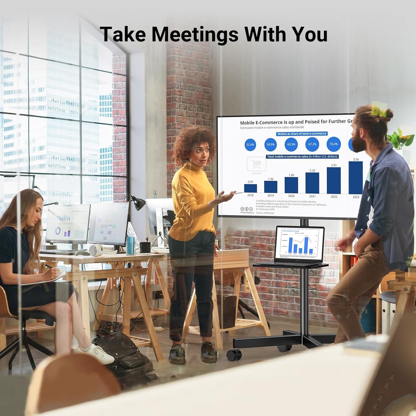 PERLESMITH Mobile TV Stand for 23-60 Inch LCD LED Flat/Curved Screen TVs, Tilt TV Cart Holds up to 88Lbs, Portable TV Stand with Laptop Shelf, Rolling TV Floor Stand Max VESA 400x400mm (PSTVMC06)