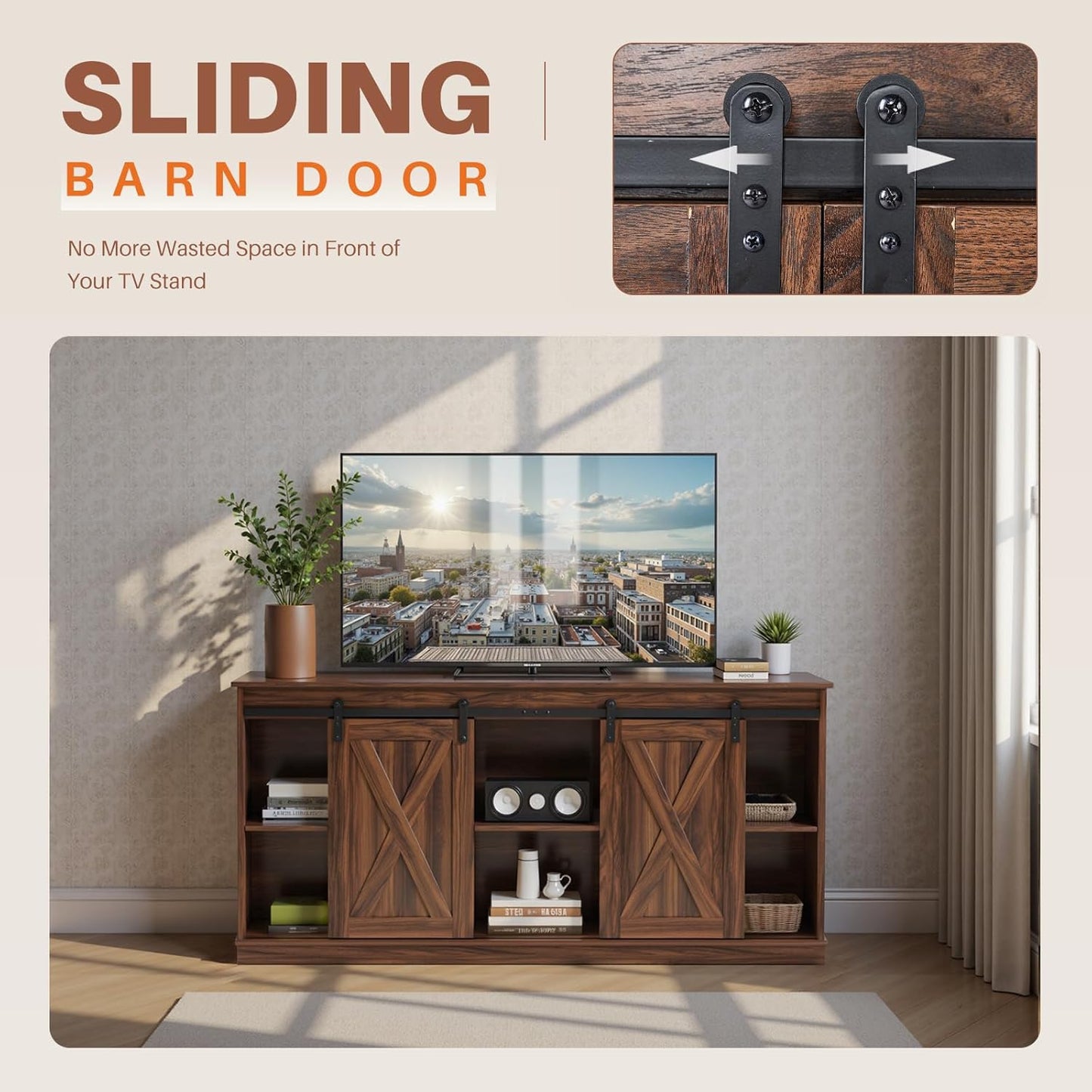 Sweetcrispy Farmhouse TV Stand 65 Inch for Living Room Bedroom Brown, Tall Entertainment Center with Storage Shelves, Media Console Cabinet with Wood Board, 300 LBS Capacity and Sliding Barn Door