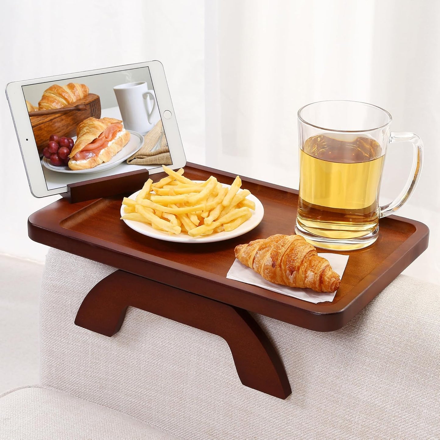 SINWANT Couch Arm Tray,Bamboo Sofa Clip on Side Table,Foldable Couch Armrest Table with 360° Phone Holder,Food Trays for Eating/Drinks/Snacks/Remote