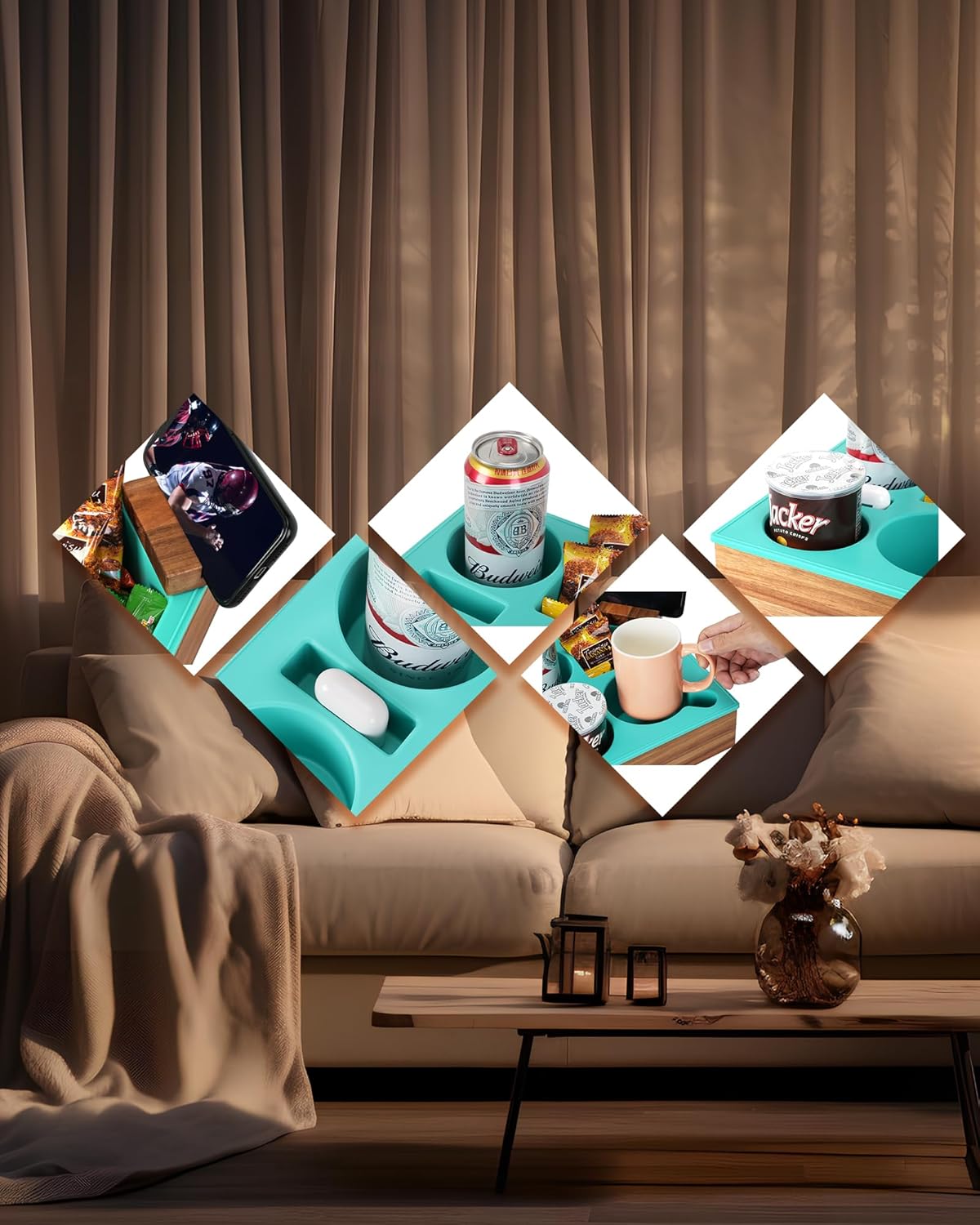 Couch Cup Holder Tray, Handy Soft Silicone Acacia Wooden Couch Caddy for Bed Car Seat Beach Organizer, Waterproof Anti-Spill Sofa Cup Holder for Snacks Beverage Remote (White)