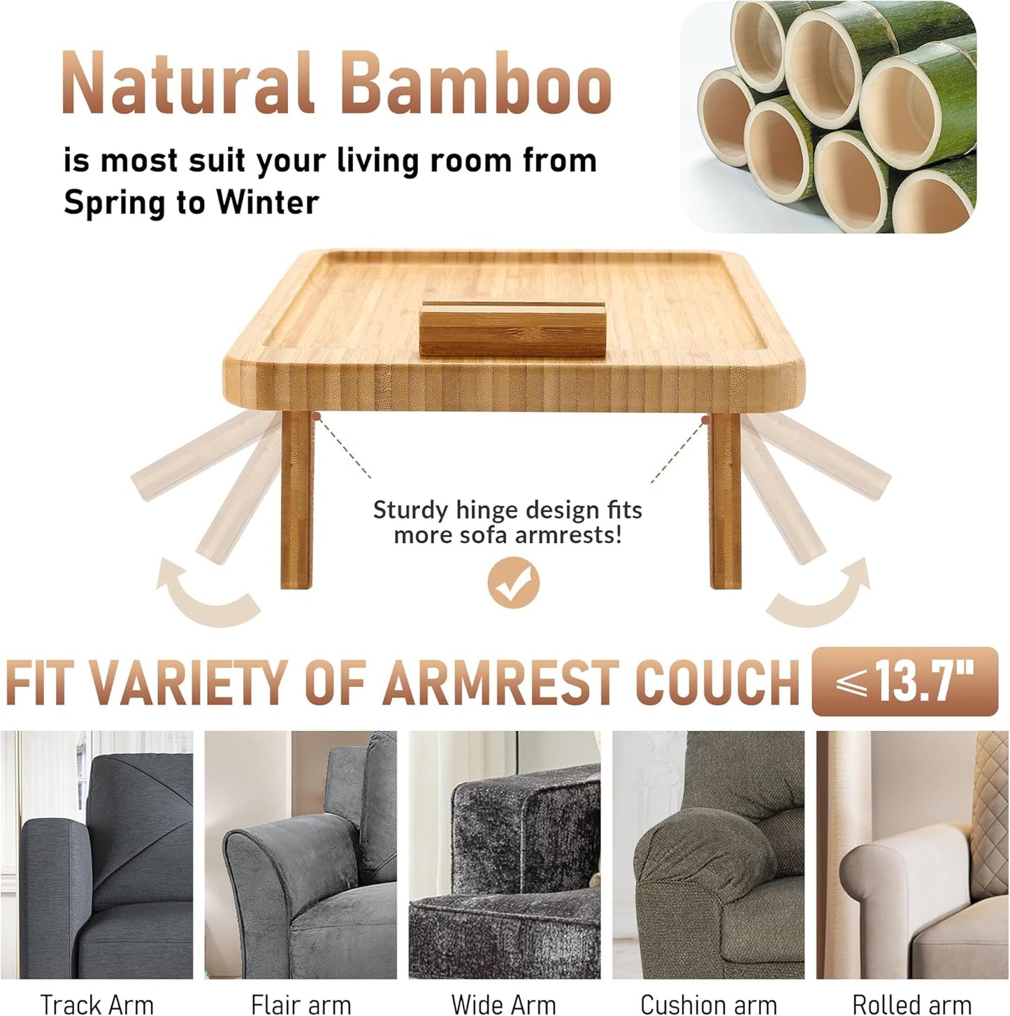 SINWANT Couch Arm Tray,Bamboo Sofa Clip on Side Table,Foldable Couch Armrest Table with 360° Phone Holder,Food Trays for Eating/Drinks/Snacks/Remote