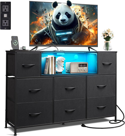WLIVE Black TV Stand for 45, 50, 55 inch TV, Entertainment Center with LED Lights & Charging Station, TV Media Console Table with 8 Fabric Drawers and Open Shelves for Living Room, Hallway, Wood Top