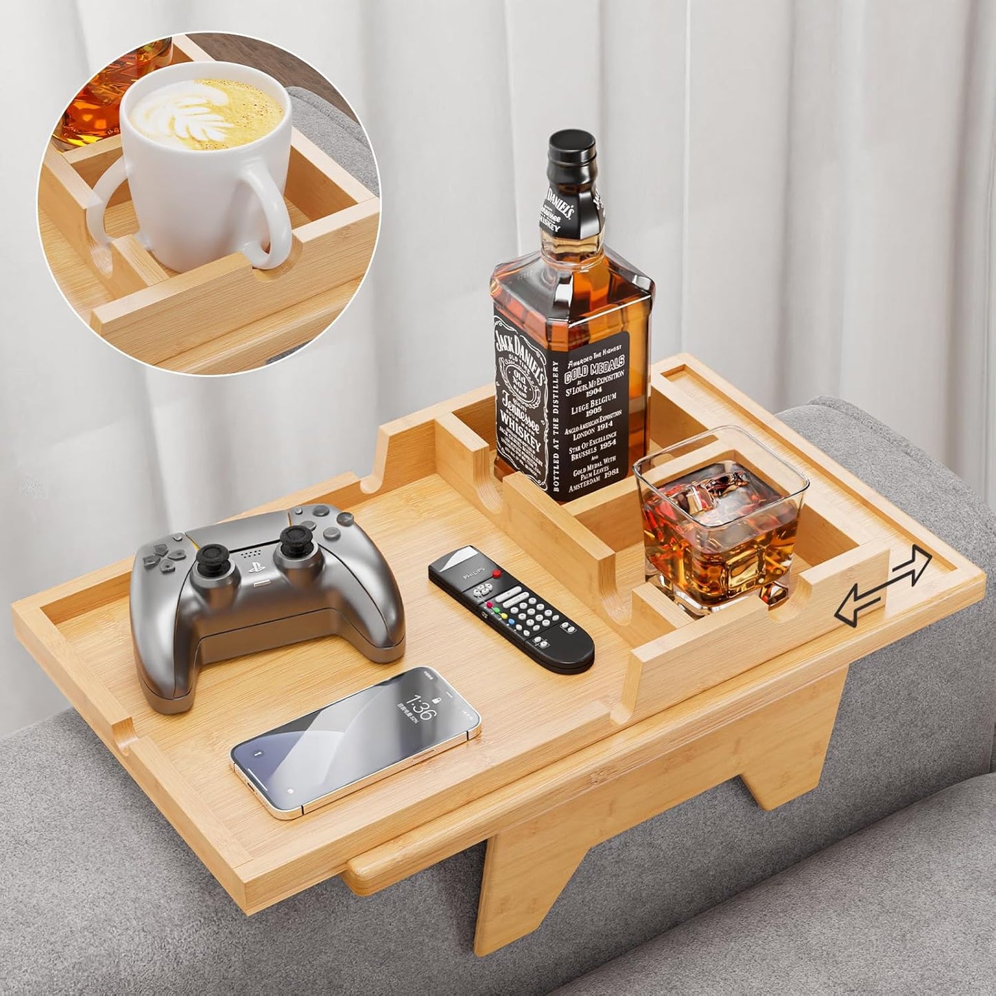 Bamboo Sofa Armrest Tray - Couch Arm Tray with Detachable Couch Cup Holder - 2 in 1 Anti-Slip Foldable Sofa Armchair Caddy Table - Cup Holder for Drinks Cellphone TV Remote Snacks