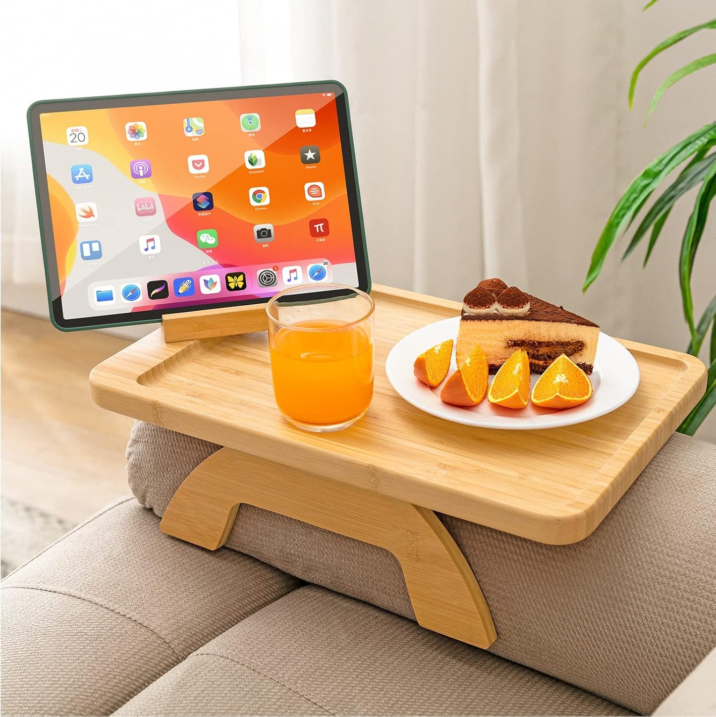 SINWANT Couch Arm Tray,Bamboo Sofa Clip on Side Table,Foldable Couch Armrest Table with 360° Phone Holder,Food Trays for Eating/Drinks/Snacks/Remote
