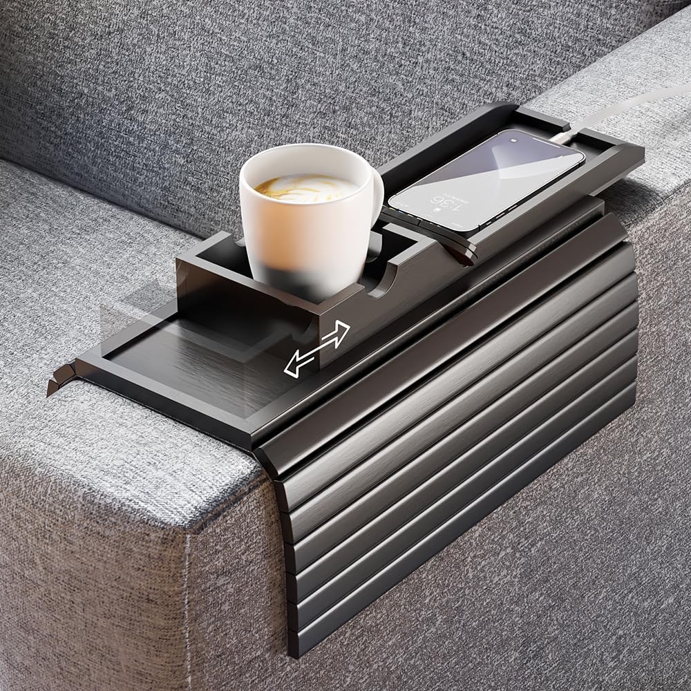 Bamboo Sofa Armrest Tray - Couch Arm Tray with Detachable Couch Cup Holder - 2 in 1 Anti-Slip Foldable Sofa Armchair Caddy Table - Cup Holder for Drinks Cellphone TV Remote Snacks