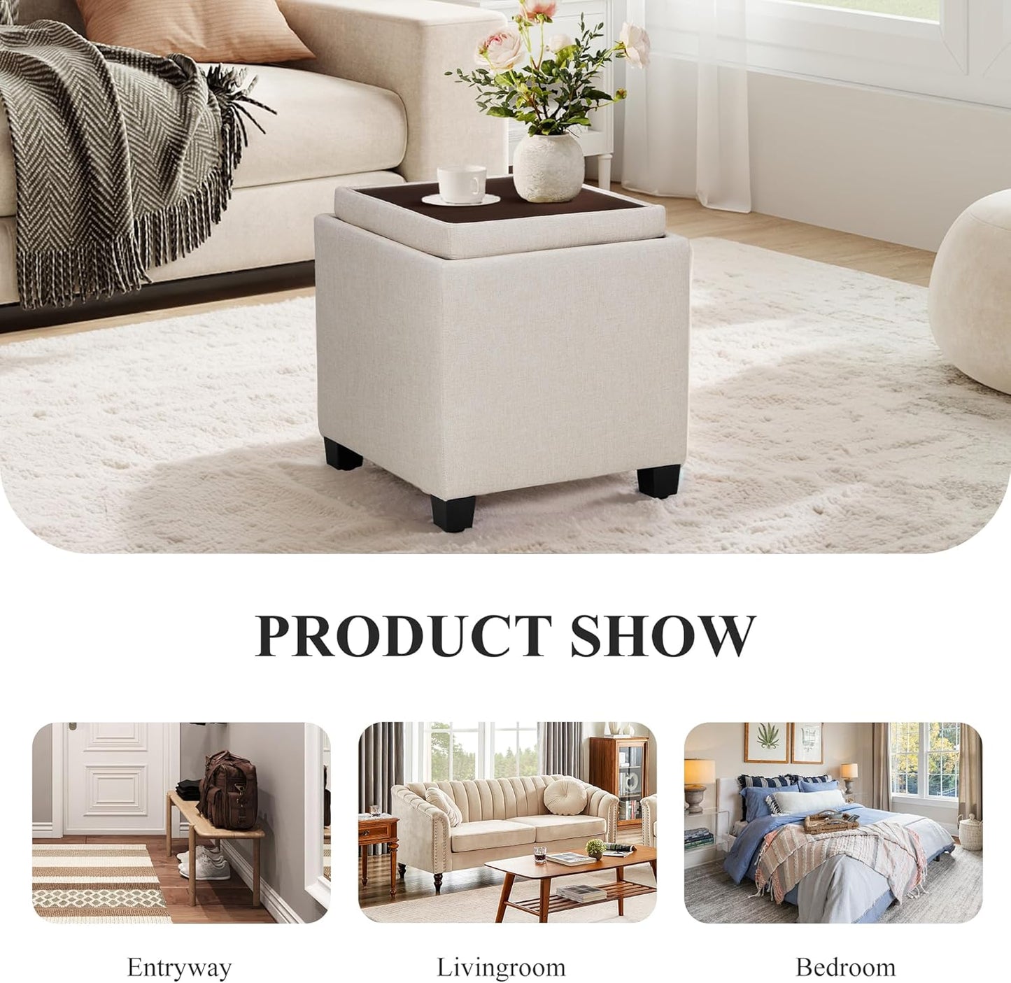 COLAMY Fabric Square Storage Ottoman with Reversible Tray Lid – Multi-Functional Footrest, Hidden Storage, Sturdy & Stylish Small Coffee Table for Living Room, Bedroom, or Entryway(Beige)