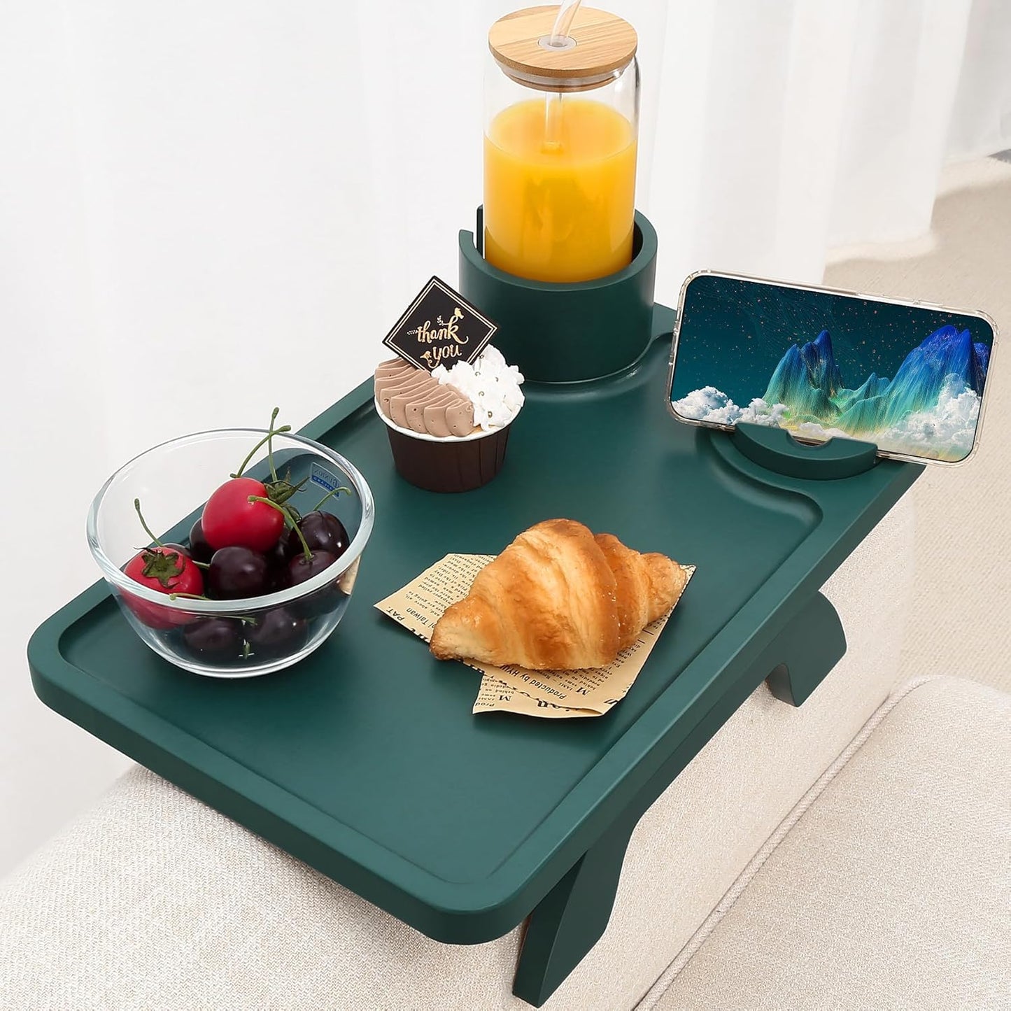Nnewvante Couch Cup Holder Tray, 3 in 1 Large 15.36"x9.85" Acacia Wood Sofa Arm Clip on Tray Table with 360°Rotated Phone Holder on Armrest