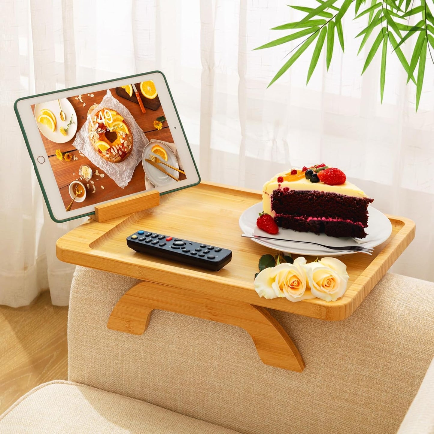 SINWANT Couch Arm Tray,Bamboo Sofa Clip on Side Table,Foldable Couch Armrest Table with 360° Phone Holder,Food Trays for Eating/Drinks/Snacks/Remote
