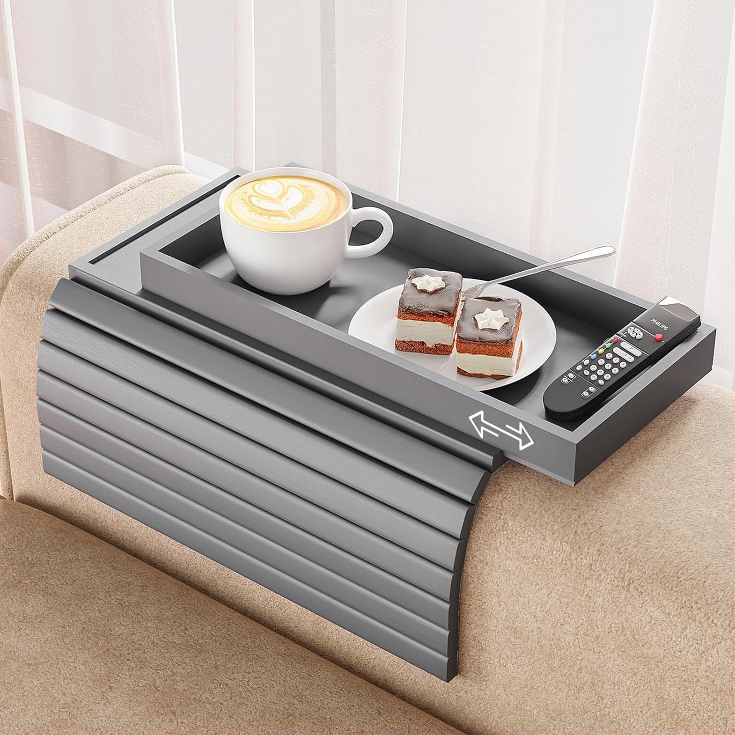 Bamboo Sofa Armrest Tray - Couch Arm Tray with Detachable Couch Cup Holder - 2 in 1 Anti-Slip Foldable Sofa Armchair Caddy Table - Cup Holder for Drinks Cellphone TV Remote Snacks