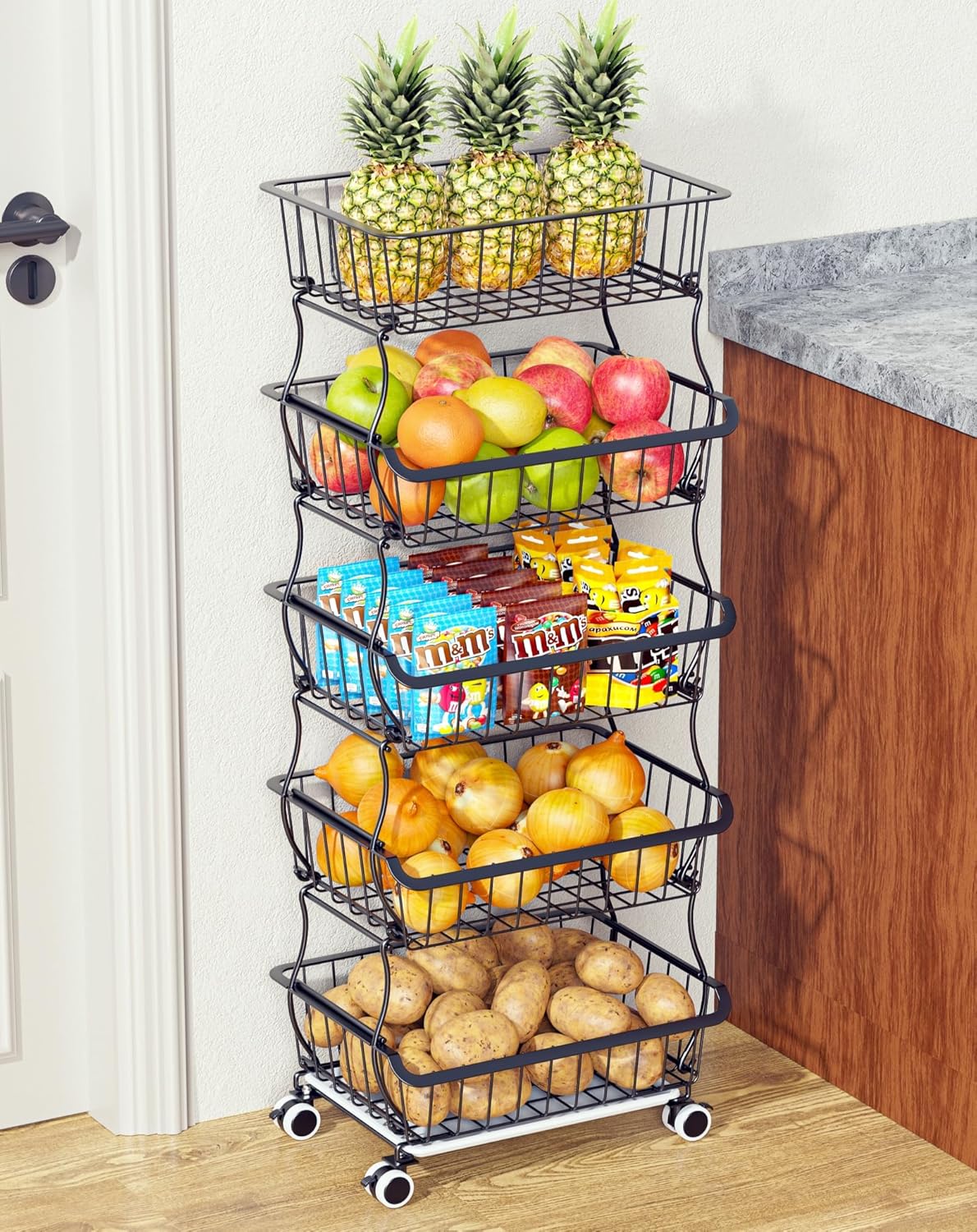 3-Tier Rolling Pantry Floor Organizer and Storage Cart with Wheels, Stackable Wire Pantry Baskets for Pantry Shelves, Kitchen Fruit Basket Stand and Storage Rack for Fruit Snack Onion Potato